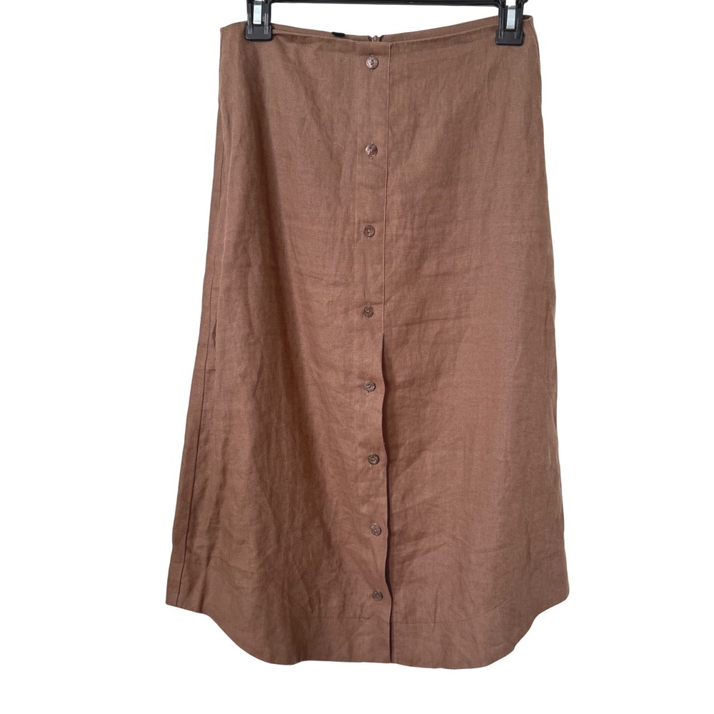 Hevron brown linen button front midi skirt a line